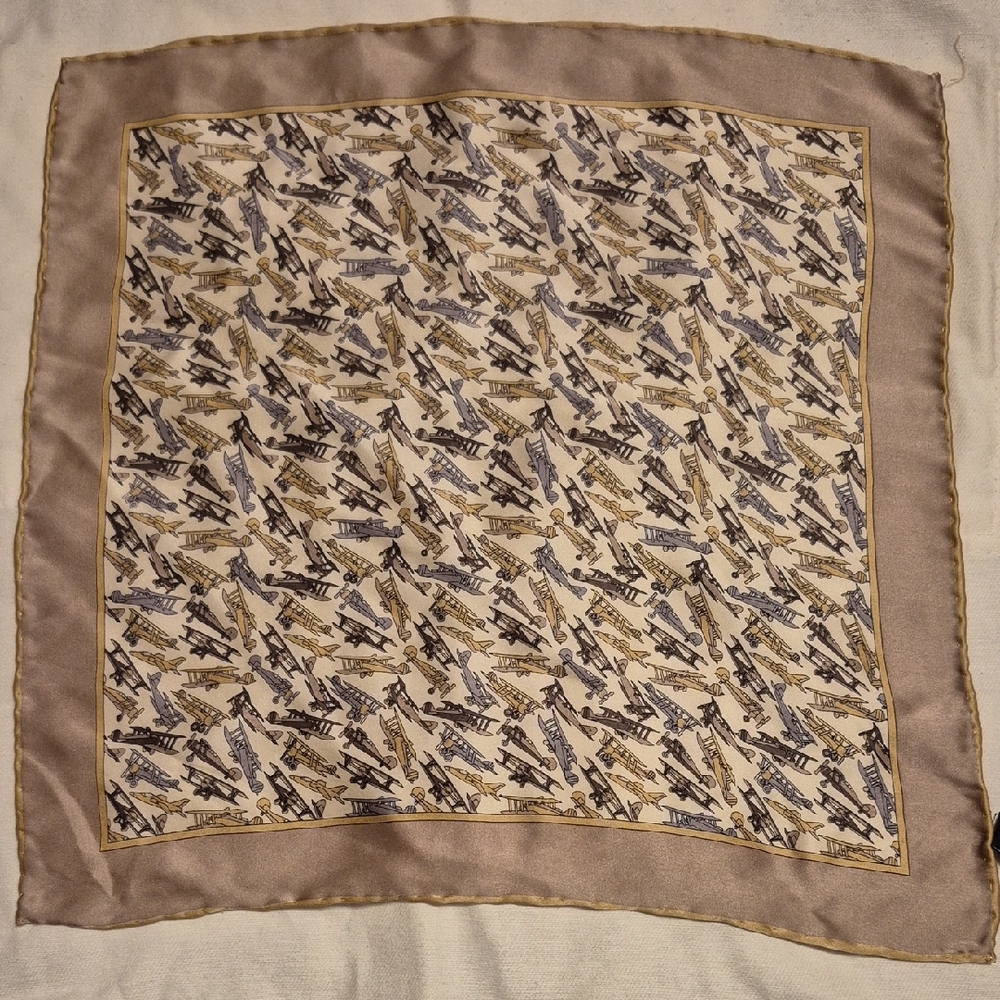 Silk Taupe and Cream Pocket Square with Airplane Print